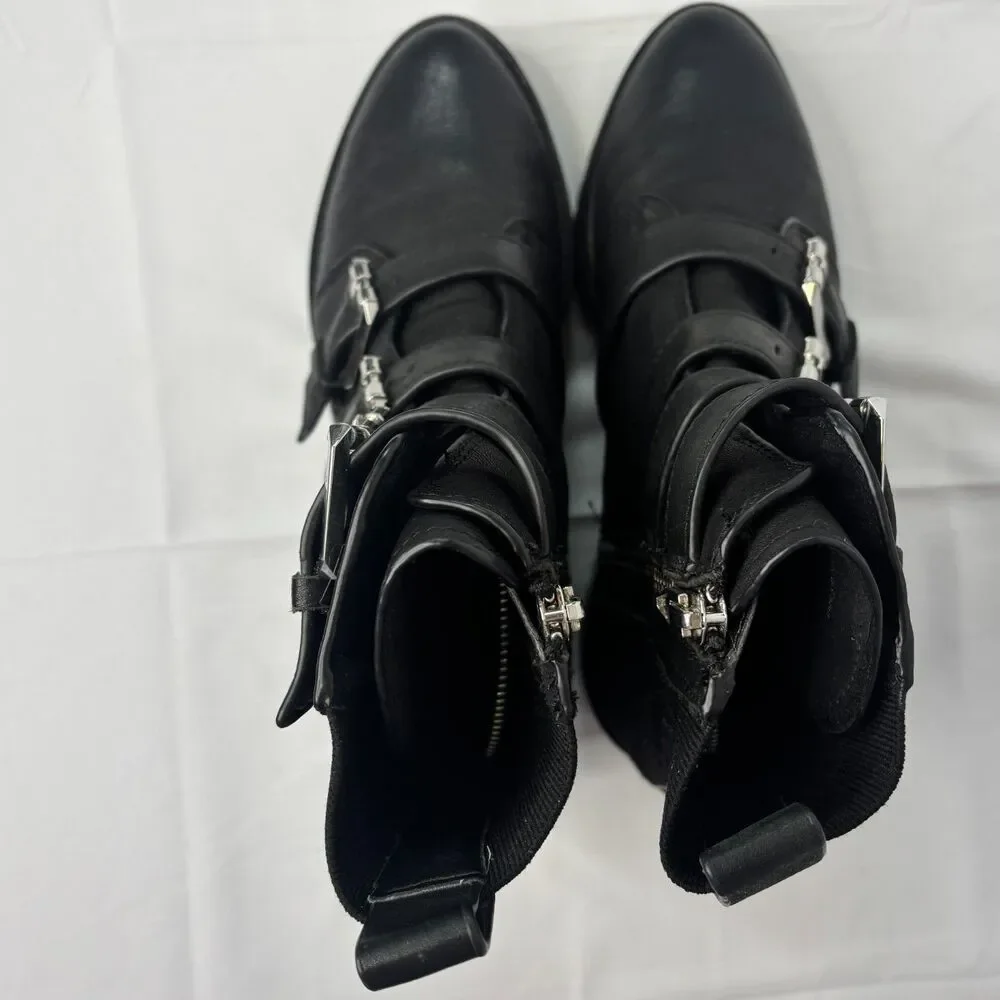 Dolce Vita Womens Combat Buckle Boots Gaven‎ Lug Black Leather Round Toe Size 8